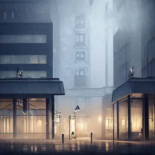 Image similar to modern high end designer restaurant at night in the foggy rain, streetscape, art deco office building above, highly detailed, warm lighting interior, matte painting, large windows, large statue with wings, dramatic lighting, unreal engine, artstation, pastels