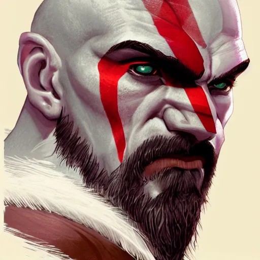 Image similar to portrait of kratos from god of war, mattepainting concept blizzard pixar maya engine on stylized background splash comics global illumination lighting artstation by feng zhu and loish and laurie greasley, victo ngai, andreas rocha, john harris