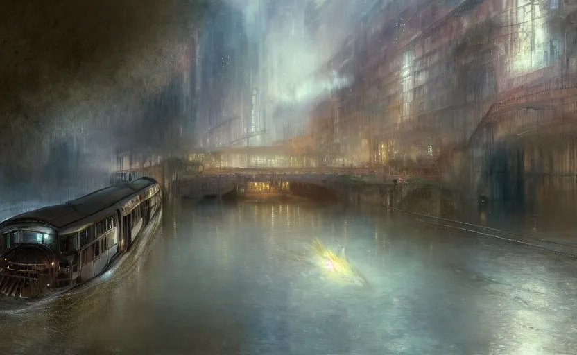 Image similar to an urban train rides inside of a waterway on a fantasy city. by artstation trending, by joseph mallord william turner, luis royo, konstantin razumov, cinematic lighting, fractal flame, highly detailed