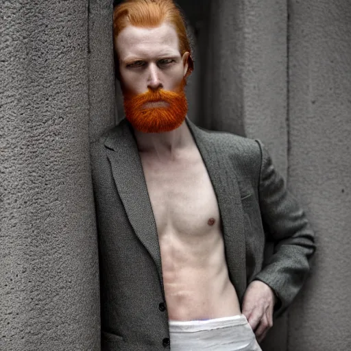 Prompt: color portrait of a very pale ginger male model by emmanuel lubezki