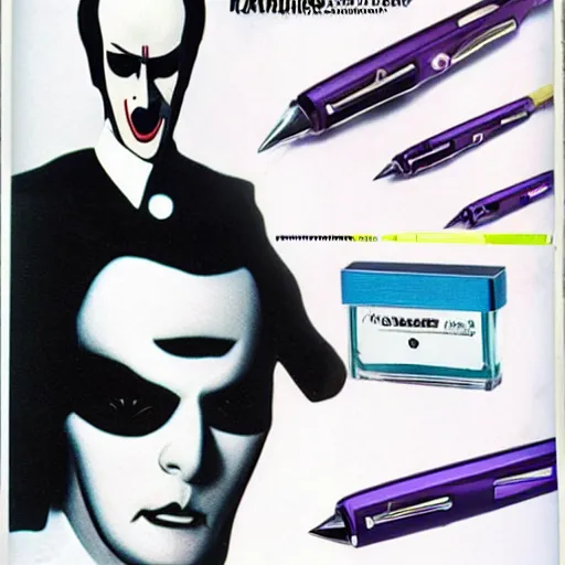 Prompt: a high quality product photo ad of klaus nomi with a technical reed rollerball pen exacto knife made in switzerland by junji ito, ethereal eel unsplash contest winner
