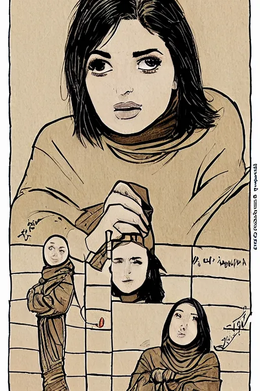 Image similar to short brown hair Arab Spanish shy beautiful young woman in a beige hoodie, Diwani calligrapher using bamboo pen, cinematic lighting, rule of thirds, comic by Dave Gibbons