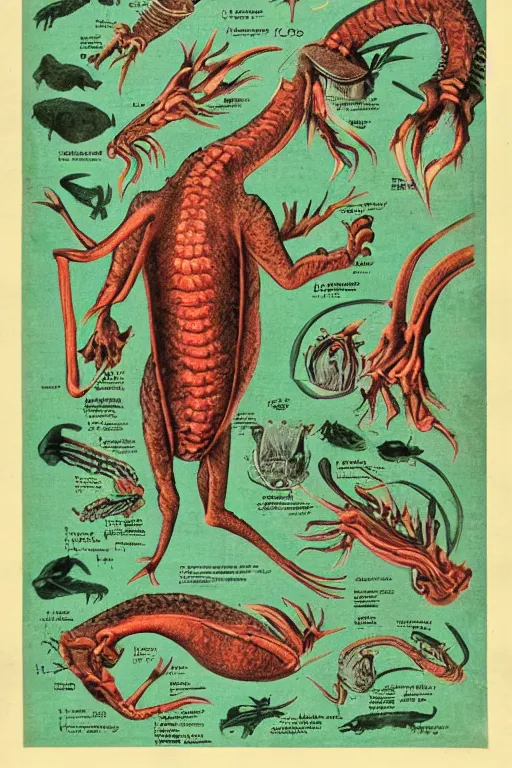 Image similar to biology textbook page, kaiju, 1950s, vintage, anatomy