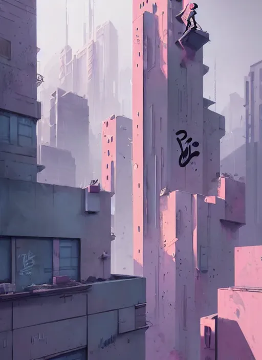 Image similar to highly detailed matte painting, of a 3 d calligraphy graffiti tag light eroding grey walls highrise buildings, by atey ghailan, by greg rutkowski, by greg tocchini, by james gilleard, by joe fenton, by kaethe butcher, pink, brown, light blue and white mystical color scheme, grunge aesthetic, octane render