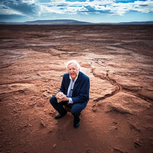 Image similar to Sir David Attenborough on the martian surface, (Sony a7R IV, symmetric balance, polarizing filter, Photolab, Lightroom, 4K, Dolby Vision, Photography Award)