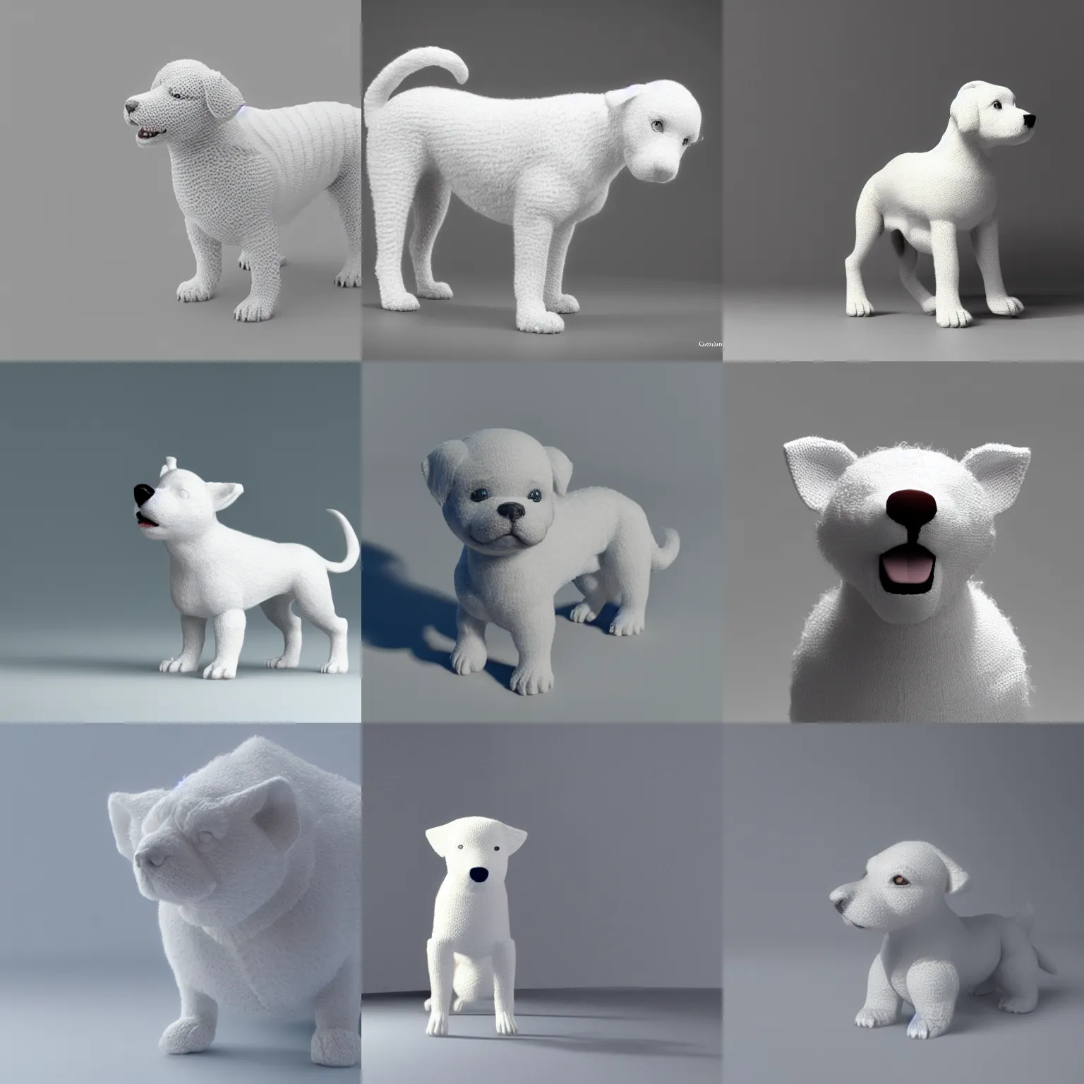 Prompt: White knitted dog, hyper realistic, volumetric light, octane render