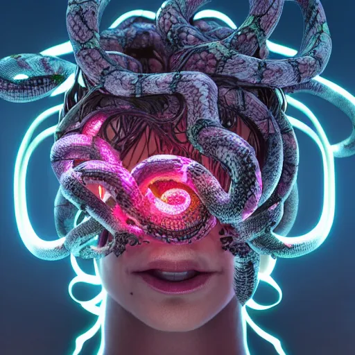 Image similar to medusa gorgon gaze head, highly detailed snakes, beautiful flowers, beautiful dark landscape, in the style of beeple and mike winkelmann, intricate, epic lighting, cinematic composition, hyper realistic, 8 k resolution, unreal engine 5, raytracing, ultraviolet colors,