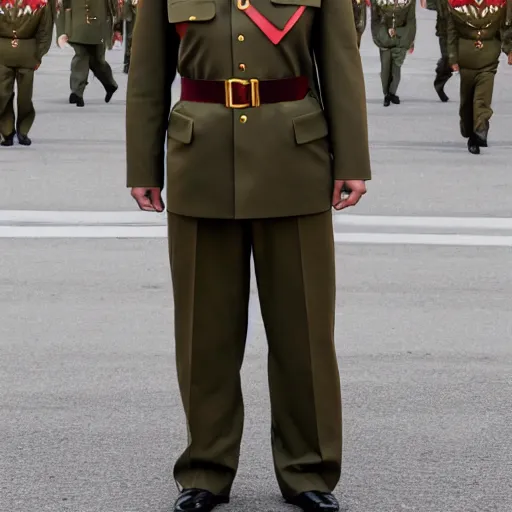 Image similar to professional photograph of kim kardashian wearing a north korean military dress uniform and standing in a busy street in pyongyang, 8 k, very detailed, very intricate,