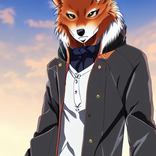 Image similar to key anime visual portrait of an anthropomorphic anthro wolf fursona, in a jacket, with handsome eyes, official modern anime art