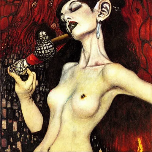 Prompt: succubus with horns smoking a cigar, klimt, royo, miro, frazetta, whealan,