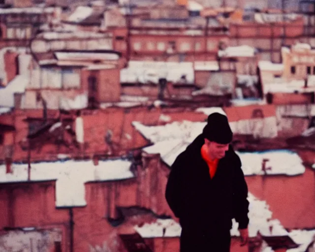 Image similar to lomo photo of man standing on the roof of soviet hrushevka, small town, cinestill, bokeh, out of focus