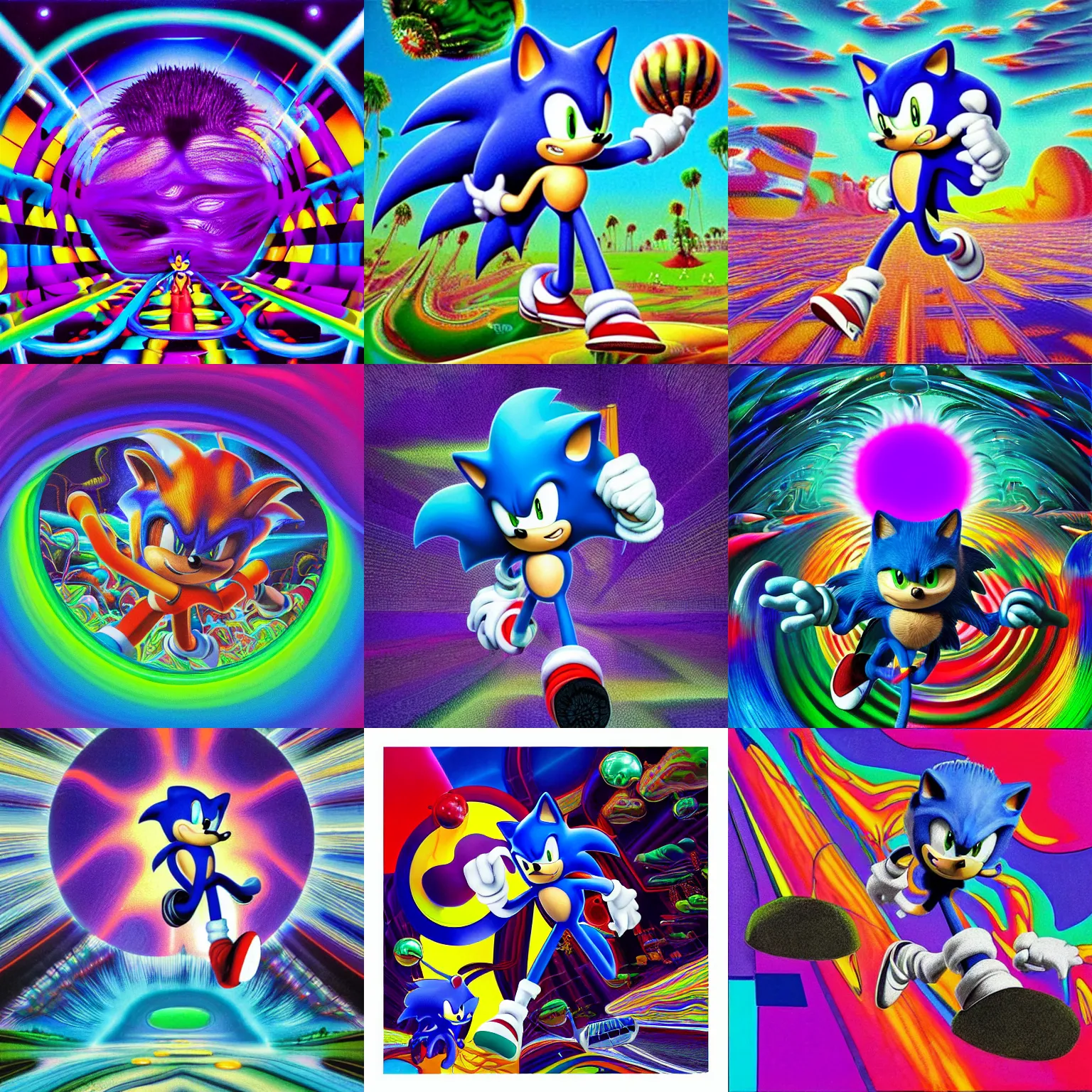 Prompt: surreal, detailed sonic portrait professional, high quality airbrush art tame impala album cover of a liquid dissolving airbrush art lsd dmt sonic the hedgehog dashing through cyberspace, purple checkerboard background, 1 9 8 0 s 1 9 8 2 sega genesis video game album cover