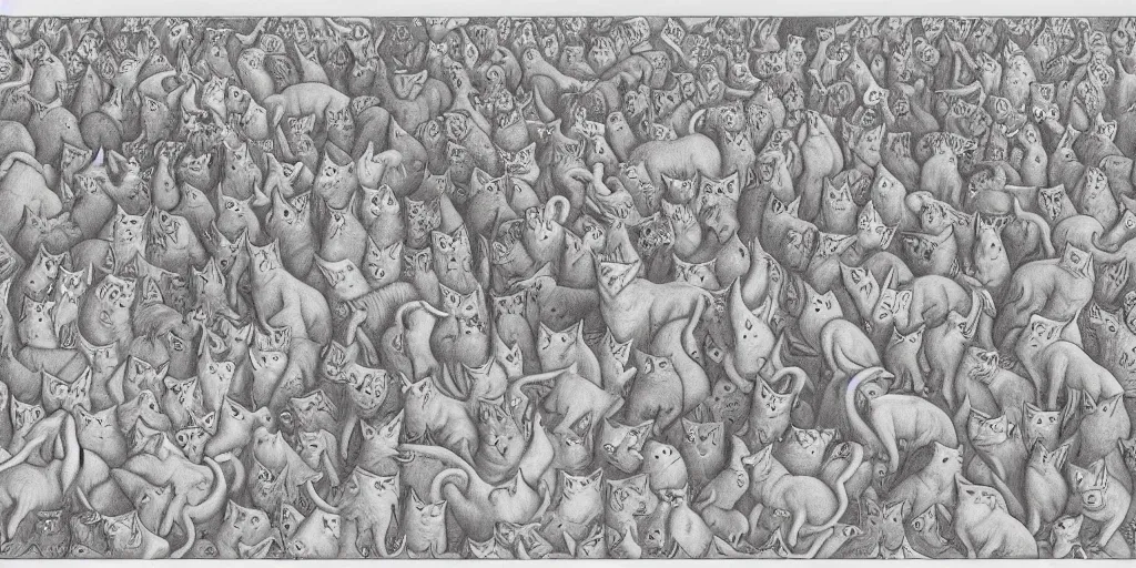 Prompt: a tessellation pattern of cats on the left and dogs on the right, pencil drawing by m. c. escher