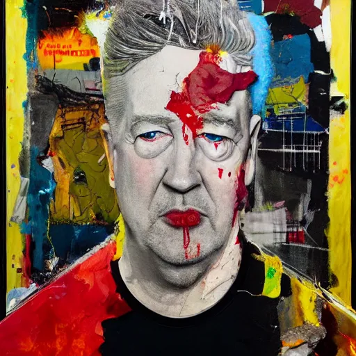 Image similar to hyperrealistic, photorealistic, mixed media oil painting of david lynch, magazine scraps, plaster, blood, oil, mustard, splatter, greg rutkowski, basquiat, ralph steadman, wesley kimler, terry gilliam