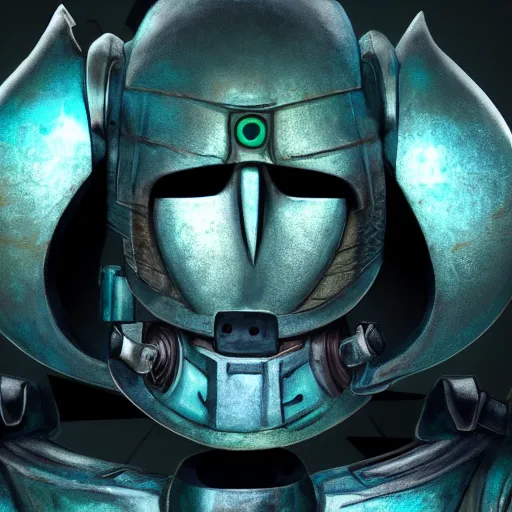 Image similar to A D&D warforged with a single cherenkov blue sphere for an eye wearing green robes. Hyper realistic. 8k.