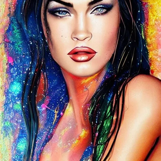 Prompt: “Beautiful Megan Fox glitter paints paintings, glitter on face and body, ultra detailed portrait, 4k resolution”