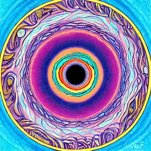 Prompt: A beautiful illustration a large eye that is looking directly at the viewer. The eye is composed of a myriad of colors and patterns, and it is surrounded by smaller eyes. The smaller eyes appear to be in a state of hypnosis, and they are looking in different directions. cosmic nebulae, Phoenician by Shintaro Kago, by Edgar Degas peaceful