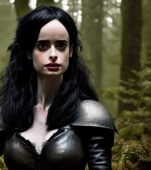 Image similar to 5 5 mm close up portrait photo of krysten ritter as yennefer of vengerberg in black leather armor and long black fluff hair, in a forest. magical atmosphere. art by greg rutkowski. lifelike. very detailed 8 k. intricate. soft light. nikon d 8 5 0.