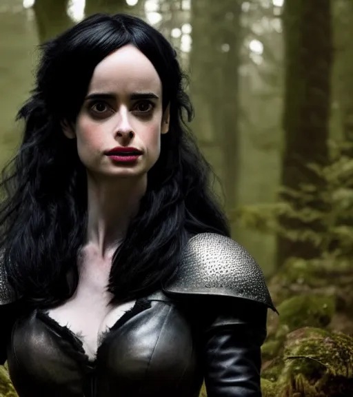 Prompt: 5 5 mm close up portrait photo of krysten ritter as yennefer of vengerberg in black leather armor and long black fluff hair, in a forest. magical atmosphere. art by greg rutkowski. lifelike. very detailed 8 k. intricate. soft light. nikon d 8 5 0.