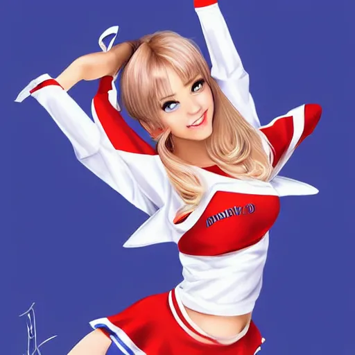 Image similar to very very very beautiful cheerleader, making eye contact, smiling, flirty, perfect body, perfect face, drawn by artgerm