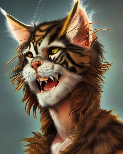 Image similar to portrait of a very cute fursona maine coon barbarian, muscular, wild, d & d, fantasy, intricate, full - length, cinematic lighting, highly detailed, digital painting, artstation, concept art, smooth, sharp focus, illustration, art by hajime sorayama