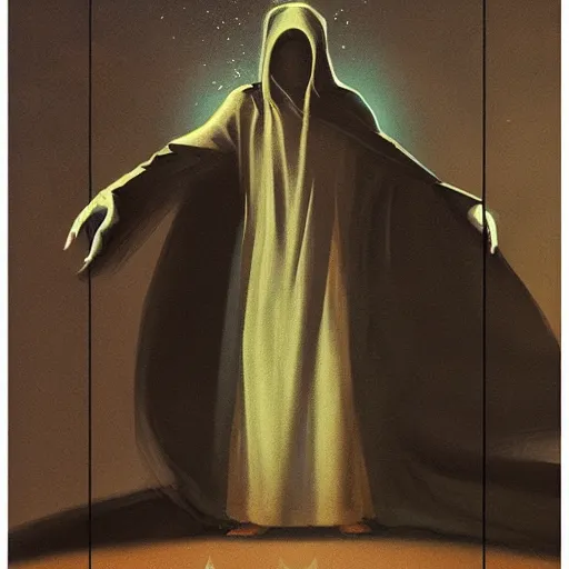 Image similar to a man wearing a long black cloak, shadowy hood covering face, holding a glowing orb, grandiose style, new age painting, by Michelangelo, trending on artstation