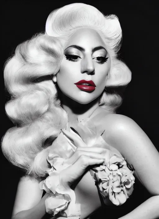 Prompt: lady gaga styled by george hurrell, old hollywood, vintage, classy, photohoot, set pieces, intricate set, canon, highly realistic. high resolution. highly detailed. dramatic. 8 k. 4 k.