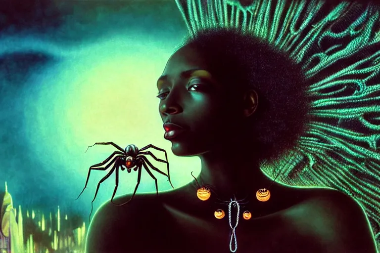 Prompt: realistic detailed photorealistic film closeup portrait shot of a beautiful black woman with a giant spider, sci fi city landscape background by denis villeneuve, amano, yves tanguy, alphonse mucha, ernst haeckel, david lynch, edward robert hughes, roger dean, cyber necklace, dynamic pose, rich moody colours, wide angle