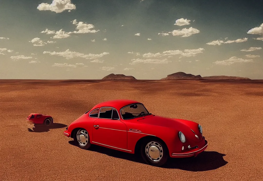 Image similar to “a single red porsche 356 is parked in the middle of the desert, a matte painting by Scarlett Hooft Graafland, featured on unsplash, australian tonalism, anamorphic lens flare, cinematic lighting, rendered in unreal engine”