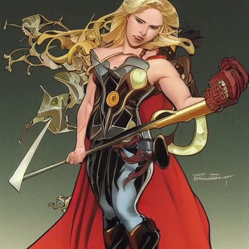 Image similar to thor perfect coloring, low saturation, epic composition, masterpiece, bold complimentary colors. stunning masterfully illustrated by artgerm, range murata, alphonse mucha, katsuhiro otomo