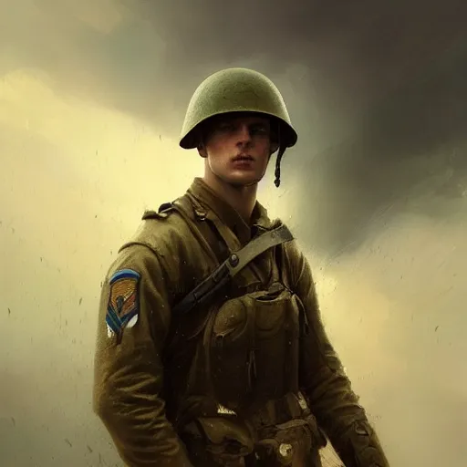 Image similar to a dramatic epic ethereal portrait of a WWII soldier, young male, detailed face, cinematic lighting, highly detailed oil on canvas painting by Greg Rutkowski, winning-award digital art trending on Artstation H 1024 W 832