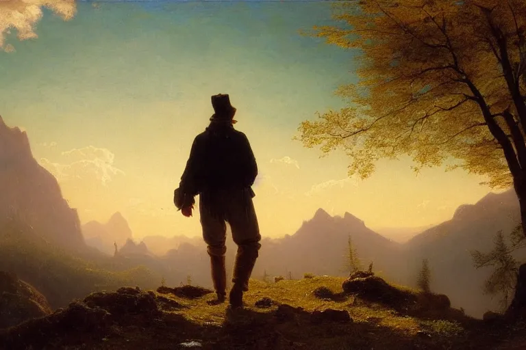 Image similar to a traveler wandering trough the mountains looking at the clouds, hyperdetailed, focused, oil painting, cinematic lighting, albert bierstadt, trending on artstation, colorful, canvas, sunset, hans dahl, theodor kittelsen, hermann hendrich, national geographic, Konstantin Yakovlevich Kryzhitsky, beautiful nature