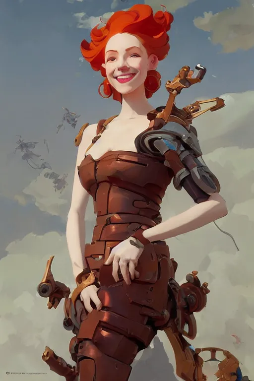 Image similar to concept art of curvacious redhead cyborg woman softly smiling at camera wearing 🩳 and 👕 illustration by sargent and leyendecker, studio ghibli, fantasy, medium shot, asymmetrical, intricate, elegant, matte painting, illustration, hearthstone, by rhads by greg rutkowski, by greg tocchini, by james gilleard, by joe fenton