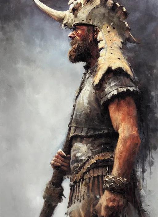 Prompt: portrait painting of viking berserker with a dinosaur headdress, by jeremy mann, only one head single portrait