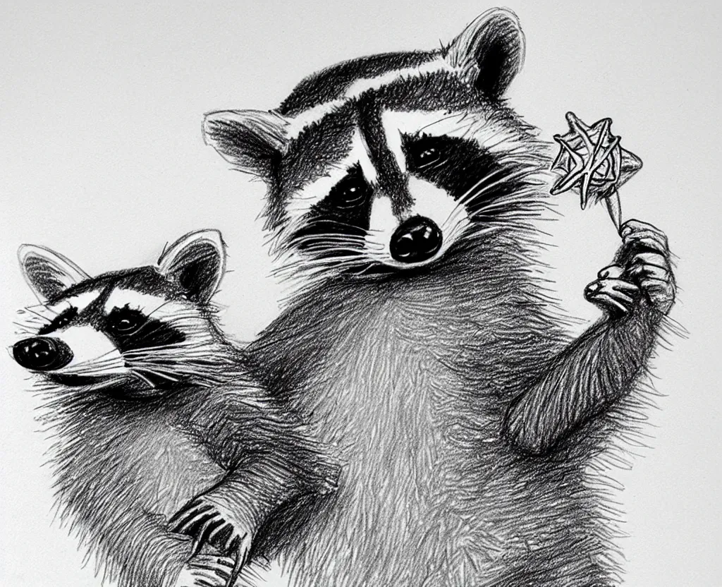 Image similar to detailed pencil sketch of a raccoon holding up and looking at a starfish, children's book