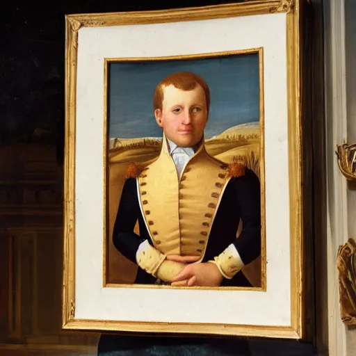 Prompt: a white man in his early 3 0 s with short sandy blond hair who has a career in software solution design and describes himself using the words honest, fairness straightforwardness dependability imagination cooperativeness determination, oil painting in the renaissance style, napoleon bonaparte pose