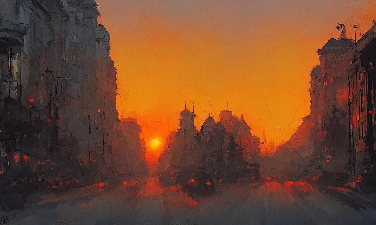 Prompt: bucharest streets sunset by Anato Finnstark