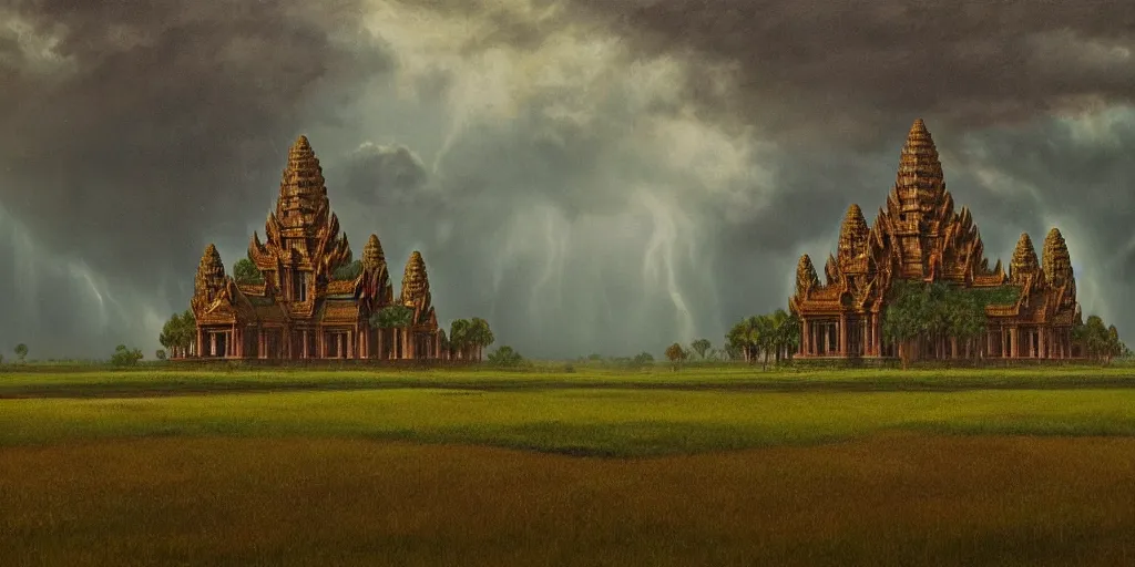 Prompt: Enormous thunderstorm over a fantastical green field with an ornate Khmer temple in the center, tonalism style, trending on Artstation, 8k, 4k, high-res, digital art