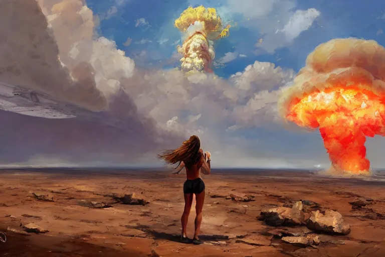 Prompt: girl with a ponytail wearing bikini looking at a nuclear bomb test, expressive painting, digital art, high quality, by michael garmash, by rob rey, by artgerm, by greg rutkowski, beautiful girl, apocalyptic, huge nuclear mushroom cloud, octane render