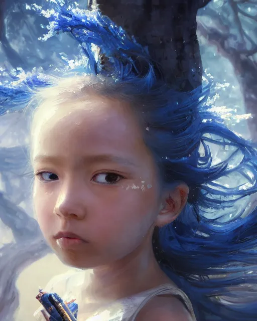 Prompt: a highly detailed oil painting of A little girl, in professional makeup, with medium length blue hair covering an eye, and a tall tree, and large obsidian crystals, cinematic lighting, dramatic atmosphere, by Dustin Nguyen, Akihiko Yoshida, Greg Tocchini, Greg Rutkowski, Cliff Chiang, 4k resolution, trending on artstation