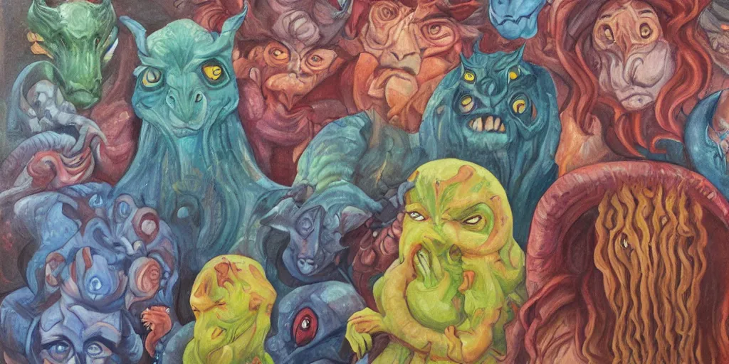 Image similar to portrait painting of a group of mythical monsters and beasts in a squishy style