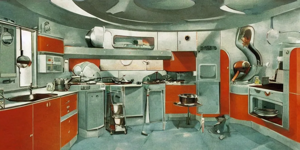 Image similar to soviet retro - futuristic kitchen, space station