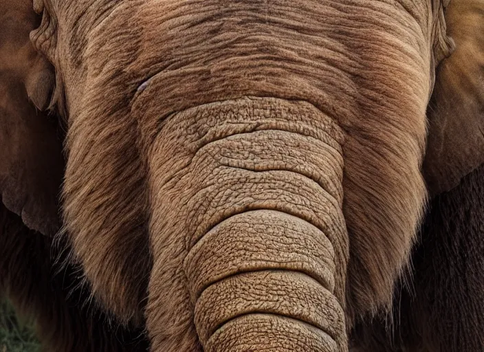 Prompt: extreme closeup of a very wooly brown hairy mammoth, elephant, mastodon, mammoth, detailed fur, zoo photography, National Geographic, HD,