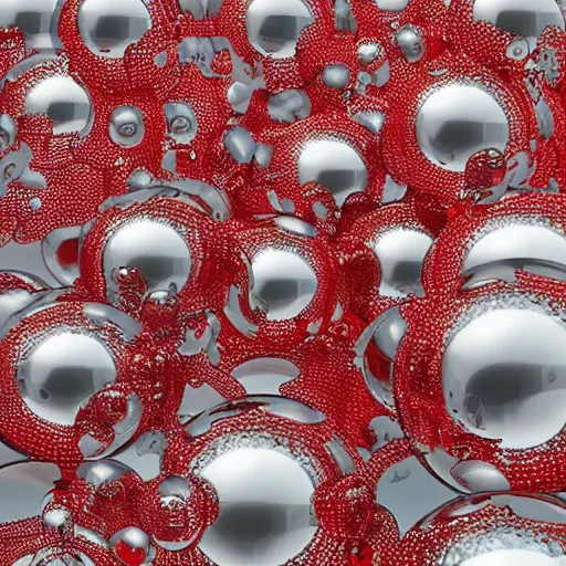 Prompt: chrome spheres on a red cube by yoshitaka amano