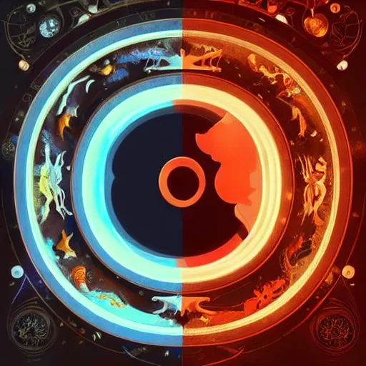 Prompt: a yin-yang symbol. made up of the four classical elements: air, fire, water, and earth, highly detailed, digital painting, artstation, concept art, sharp focus, illustration, cinematic lighting, art by artgerm and greg rutkowski and alphonse mucha