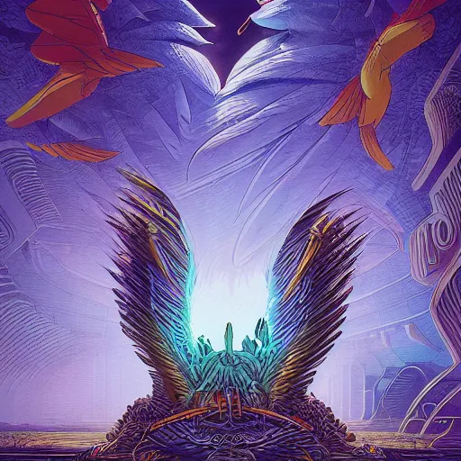 Prompt: the second big bird by dan mumford, yusuke murata, makoto shinkai, ross tran, cosmic, heavenly, god rays, intricate detail, cinematic, 8 k, cel shaded, unreal engine, featured on artstation, pixiv