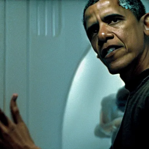 Prompt: film still of Barack Obama being held against a wall by a predator in the movie Alien.