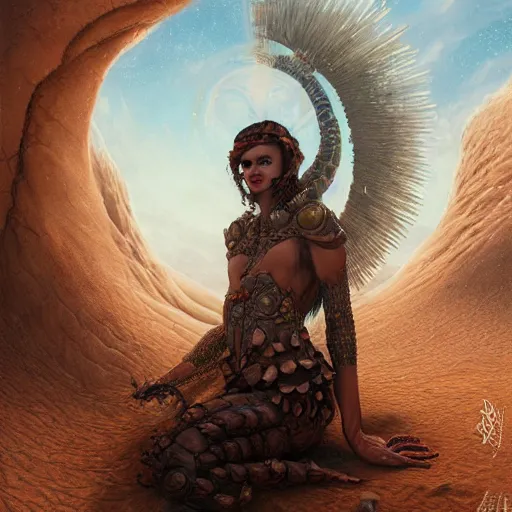 Prompt: a hyperrealistic illustration of a monster covered in sand, desert with rocks with fractal sunlight, award-winning, masterpiece, in the style of Tom Bagshaw, Cedric Peyravernay, Peter Mohrbacher