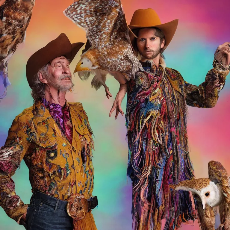 Image similar to high fashion photoshoot octane render portrait by wayne barlow and carlo crivelli and glenn fabry, a distinguished psychedelic cowboy wearing a colorful wes anderson designed cowboy costume and holding a barn owl inside a high - end exotic colorful pastel vintage boutique hotel lounge, very short depth of field, bokeh