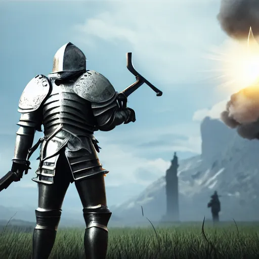Image similar to a Knight, holding a Shield, holding an Ak-47, unreal engine